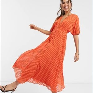 Asos textured button through midi tea dress red